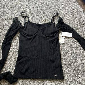 Patrizia Pepe Black Fitted Ribbed Top with Sheer Off the Shoulder Sleeve, Size 1